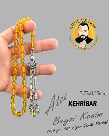14,6 GR 925 AYAR GÜMÜŞ PÜSKÜL ATEŞ KEHRİBAR BEYZİ KESİM 7,75X11,25