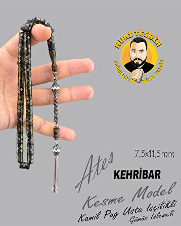 1000 AYAR İŞLEMELİ KAMİL PUĞ  ATEŞ KEHRİBAR 925 AYAR PÜSKÜL KESME KESİM 7,5X11,50mm