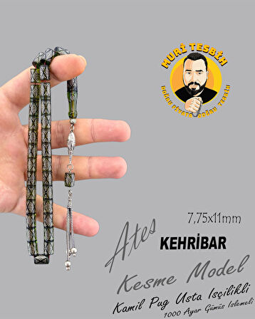 1000 AYAR İŞLEMELİ KAMİL PUĞ  ATEŞ KEHRİBAR 925 AYAR PÜSKÜL KESME KESİM 7,75X11mm