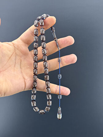 1000 AYAR İŞLEMELİ KAMİL PUĞ  ATEŞ KEHRİBAR TESBİH BADEM KESİM 9X11,5mm