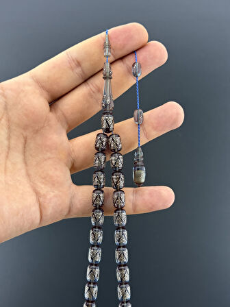 1000 AYAR İŞLEMELİ KAMİL PUĞ  ATEŞ KEHRİBAR TESBİH BADEM KESİM 9X11,5mm