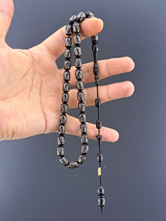 1000 AYAR İŞLEMELİ KAMİL PUĞ  ABANOZ AĞACI TESBİH BADEM KESİM 8X12mm