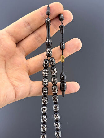 1000 AYAR İŞLEMELİ KAMİL PUĞ  ABANOZ AĞACI TESBİH BADEM KESİM 8X12mm