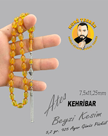 MURİ TESBİH 5,2 GR 925 AYAR GÜMÜŞ PÜSKÜL ATEŞ KEHRİBAR BEYZİ KESİM 7,50X11,25