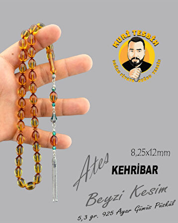 MURİ TESBİH 5,3 GR 925 AYAR GÜMÜŞ PÜSKÜL M.S.G ATEŞ KEHRİBAR BEYZİ KESİM 8,25X12