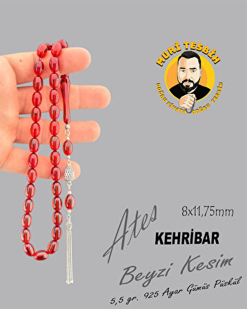 MURİ TESBİH 5,5 GR 925 AYAR GÜMÜŞ PÜSKÜL M.S.G ATEŞ KEHRİBAR BEYZİ KESİM 8X11,75