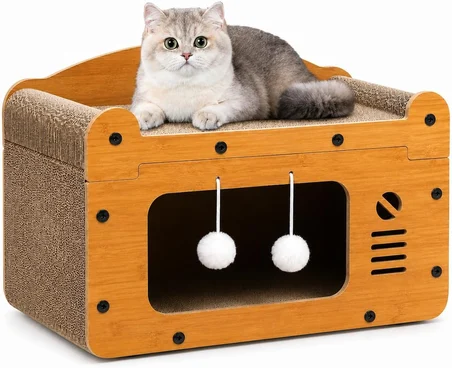 SOGUD Kedi Tırmalama Evi - Ahşap Kedi Oyun Evi 56x27x30 cm - Karton Tırmalama Tahtalı Uyku Yuvası - Sallanan Top Oyuncaklı Tek Katlı Evcil Hayvan Mobilyası - Modern Doğal Ahşap Tasarım