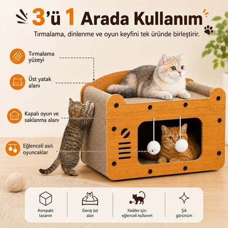 SOGUD Kedi Tırmalama Evi - Ahşap Kedi Oyun Evi 56x27x30 cm - Karton Tırmalama Tahtalı Uyku Yuvası - Sallanan Top Oyuncaklı Tek Katlı Evcil Hayvan Mobilyası - Modern Doğal Ahşap Tasarım