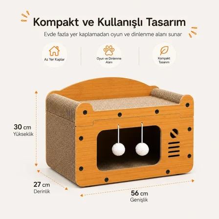 SOGUD Kedi Tırmalama Evi - Ahşap Kedi Oyun Evi 56x27x30 cm - Karton Tırmalama Tahtalı Uyku Yuvası - Sallanan Top Oyuncaklı Tek Katlı Evcil Hayvan Mobilyası - Modern Doğal Ahşap Tasarım