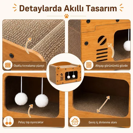SOGUD Kedi Tırmalama Evi - Ahşap Kedi Oyun Evi 56x27x30 cm - Karton Tırmalama Tahtalı Uyku Yuvası - Sallanan Top Oyuncaklı Tek Katlı Evcil Hayvan Mobilyası - Modern Doğal Ahşap Tasarım