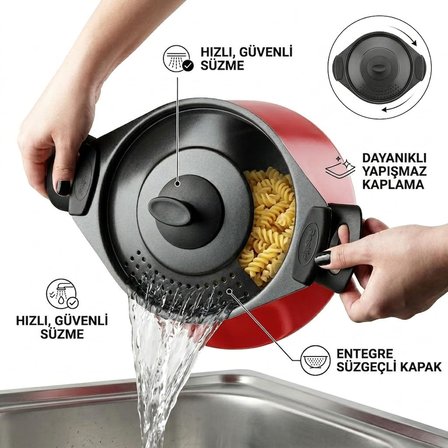 Redio Akıllı Makarna ve Mantı Tenceresi - Kendinden Süzgeçli Kapaklı, Yanmaz Yapışmaz Kırmızı Derin Tencere, 20 cm, 4 Litre Kapasiteli