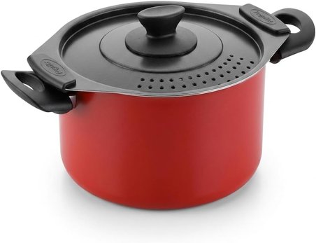 Redio Akıllı Makarna ve Mantı Tenceresi - Kendinden Süzgeçli Kapaklı, Yanmaz Yapışmaz Kırmızı Derin Tencere, 20 cm, 4 Litre Kapasiteli