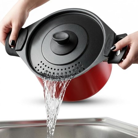 Redio Akıllı Makarna ve Mantı Tenceresi - Kendinden Süzgeçli Kapaklı, Yanmaz Yapışmaz Kırmızı Derin Tencere, 20 cm, 4 Litre Kapasiteli