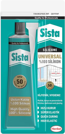 Sista Universal Silikon, Üstün kalite %100 Şeffaf Silikon, Mutfak, Banyo ve Pencereler İçin Hızlı Kuruyan Dolgu Macunu, Sararma ve Küflenme Yapmaz, 50 gr Tüp