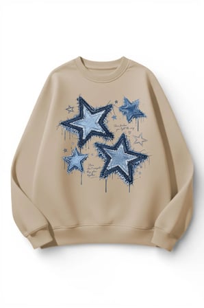 Unisex Yumuşak Dokulu Denim Yıldızlar Baskılı Tasarım Oversize 3 İplik Bisiklet Yaka Sweatshirt