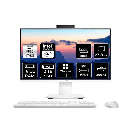 Asus V440 Intel Core i5 13420H 16GB 2TB SSD 23.8" FHD W11P All in One Bilgisayar Beyaz & USB Bellek