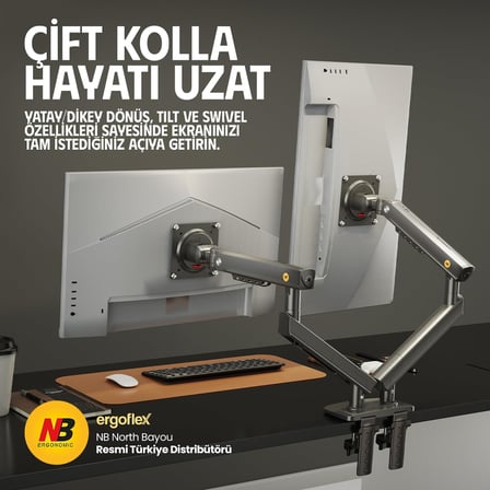 North Bayou NB A5C Ergonomic 17-32 inch Çift Kol 2-9 kg Kapasiteli Yeni Nesil Profosyonel Monitör Standı (Siyah)