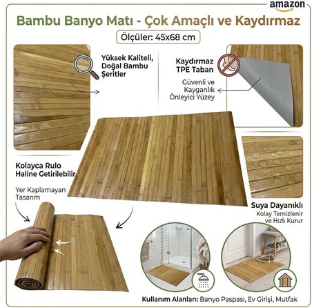 Bambu Banyo Matı, Kaydırmaz TPE Tabanlı, Suya Dayanıklı, Rulo Yapılabilir, 45x68 cm, Banyo ve Mutfak için