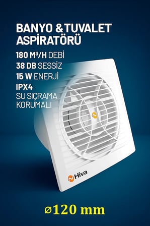 Hiva Banyo ve Tuvalet Aspiratörü, 180 M³/H Debi, 38 Db Sessiz, 15 W Enerji, IPX4 Su Sıçrama Korumalı, 230 V, 50 Hz, Duvar Tavan Uyumlu, Dekoratif, Beyaz Havalandırma Fanı (120 mm)