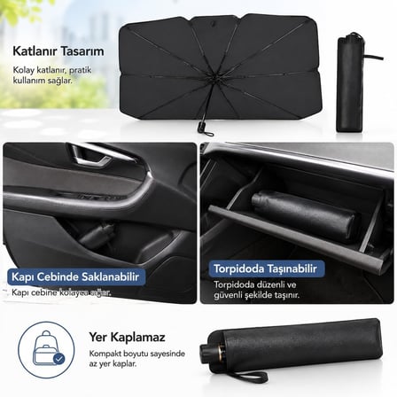 Coverest Katlanabilir Araç Ön Cam Güneşliği UV Korumalı Oto Şemsiyesi, Gölgelik, UV Koruma, Katlanabilir Tasarım, Ön Cam için, Araba Aksesuarı