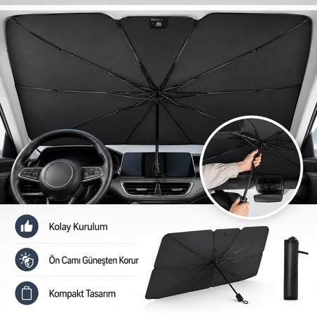 Coverest Katlanabilir Araç Ön Cam Güneşliği UV Korumalı Oto Şemsiyesi, Gölgelik, UV Koruma, Katlanabilir Tasarım, Ön Cam için, Araba Aksesuarı