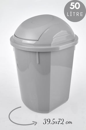 Yuvarlak Çöp Kovası, Oynar Kapaklı Gri Çöp Kovası, Kapaklı Yuvarlak Çöp Kovası 50 Litre 39,5x72 cm Gri