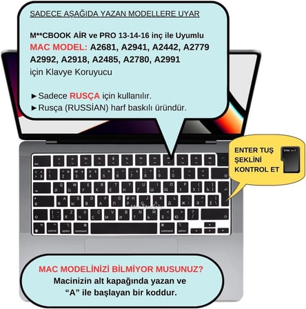 MacBook Rusça Klavye Koruyucu UK ISO Ters L Enter M1-M5 | A2681 A3113 A3240 A3449 A2941 A3241 A2442 A2779 A2992 A2485 A2991 | Russian Keyboard Cover Touch ID Siyah