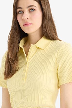 Slim Fit Dar Kesim Fitilli Kaşkorse Kısa Kollu Polo Tişört