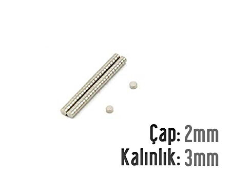 Neodyum Mıknatıs Silindir Çap 2mm , Kalınlık 3mm   ( 30 Adet)