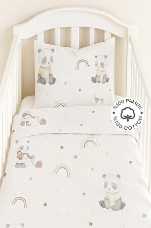 %100 Pamuk Bebek Nevresim Takımı 100x150 | Gökkuşağı ve Panda Desenli