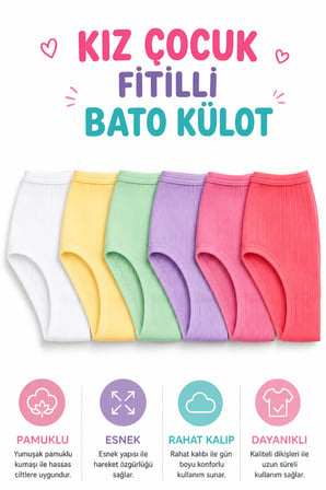 Kız Çocuk Külot Fitilli Bato Külot Pamuklu Rahat Karışık Renk (TUTKU YETKİLİ SATICISI) -3 ADET