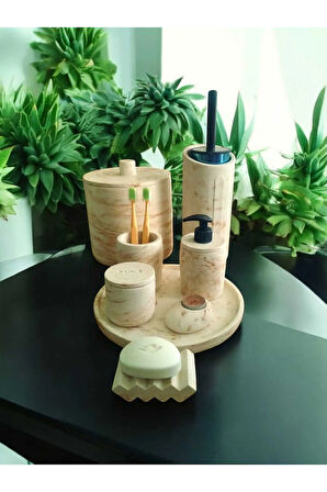 Mermer Desen Bej Beton Banyo Set,Tuvalet Fırçası,Çöp Kovası,Katı,Sıvı Sabunluk,Tepsi,Pamukluk,Mumluk