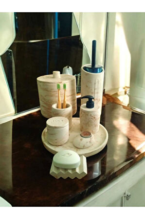 Mermer Desen Bej Beton Banyo Set,Tuvalet Fırçası,Çöp Kovası,Katı,Sıvı Sabunluk,Tepsi,Pamukluk,Mumluk