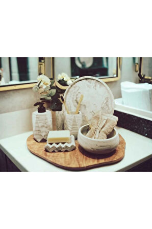 6'lı Bej Mermer Desen Beton Banyo Seti ,Sıvı Sabunluk Diş Fırçalığı Aksesuar Takımi,Havluluk,Tepsi