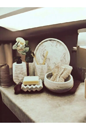 6'lı Bej Mermer Desen Beton Banyo Seti ,Sıvı Sabunluk Diş Fırçalığı Aksesuar Takımi,Havluluk,Tepsi