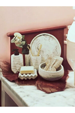 6'lı Bej Mermer Desen Beton Banyo Seti ,Sıvı Sabunluk Diş Fırçalığı Aksesuar Takımi,Havluluk,Tepsi