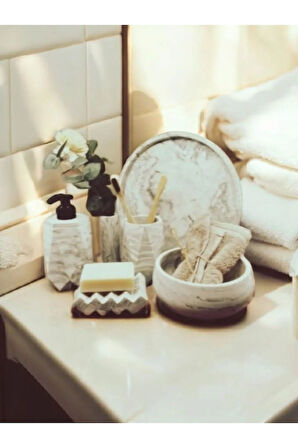 6'lı Bej Mermer Desen Beton Banyo Seti ,Sıvı Sabunluk Diş Fırçalığı Aksesuar Takımi,Havluluk,Tepsi