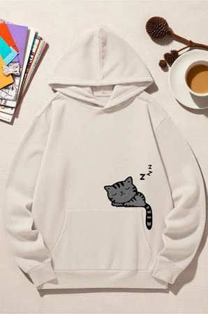 Unisex Uyuyan Kedi Baskılı kapüşonlu Sweatshirt