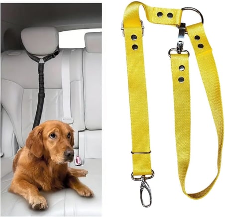 Araç İçi Köpek Emniyet Tasması, Ayarlanabilir Metal Kancalı (Sarı)