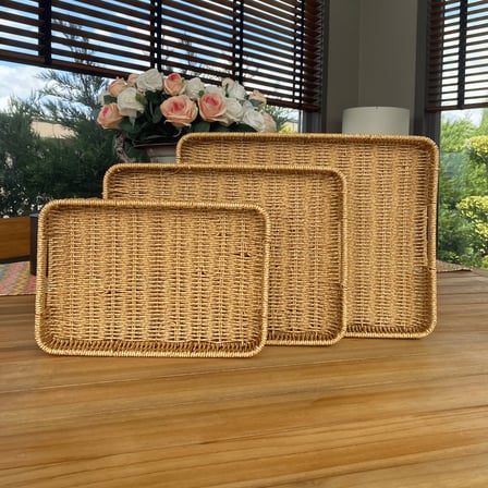Hasır Rattan Dikdörtgen Tepsi Sunum 3'lü Set Organizer