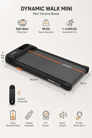 Dynamıc Walk Mini Koşu Bandı 34x79 cm Minimal Yürüyüş Bandı Uzaktan Kumandalı &amp; Eğimli