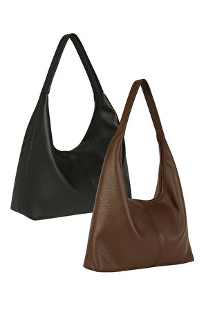 Kadın 2'li Çanta Paketi Siyah ve Acı Kahverengi Salaş Yumuşak Dokulu Büyük Boy Omuz ve Tote Çanta