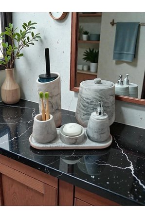 Mermer Desen Beton Banyo Seti Tuvalet Wc,Sıvı Sabunlu, Diş Fırçalığı Aksesuar Takımı, Dekorasyon