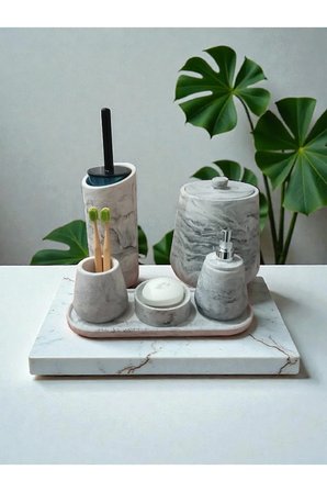 Mermer Desen Beton Banyo Seti Tuvalet Wc,Sıvı Sabunlu, Diş Fırçalığı Aksesuar Takımı, Dekorasyon