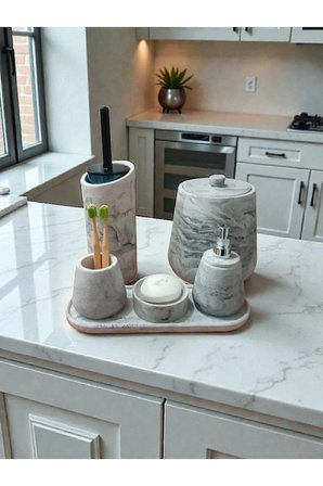 Mermer Desen Beton Banyo Seti Tuvalet Wc,Sıvı Sabunlu, Diş Fırçalığı Aksesuar Takımı, Dekorasyon