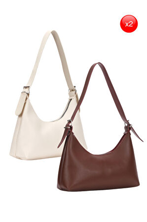 2'li Çanta Paketi Kadın Baget Günlük Krem ve Bordo El ve Omuz Çantası İki Çanta