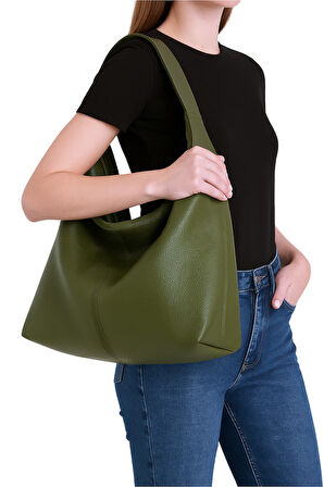 Kadın Salaş Yumuşak Dokulu Büyük Haki Yeşil Omuz ve Tote Çanta