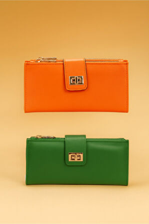 2'li Cüzdan Paketi Kadın Bilek Askılı Kağıt Bozuk Para ve Kartlık Bölmeli Turuncu ve Yeşil Cüzdan