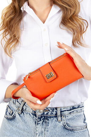 2'li Cüzdan Paketi Kadın Bilek Askılı Kağıt Bozuk Para ve Kartlık Bölmeli Turuncu ve Yeşil Cüzdan