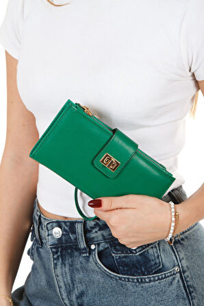 Kadın Venesia Kağıt Bozuk Para Kartlık Bölmeli Kilitli Bilek Askılı Portföy Yeşil Cüzdan